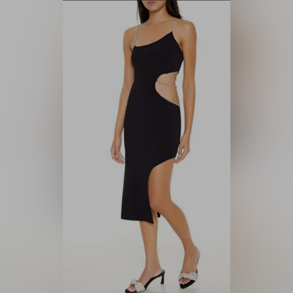 Elegant Rhinestone Cutout Midi Sweater Dress Size L